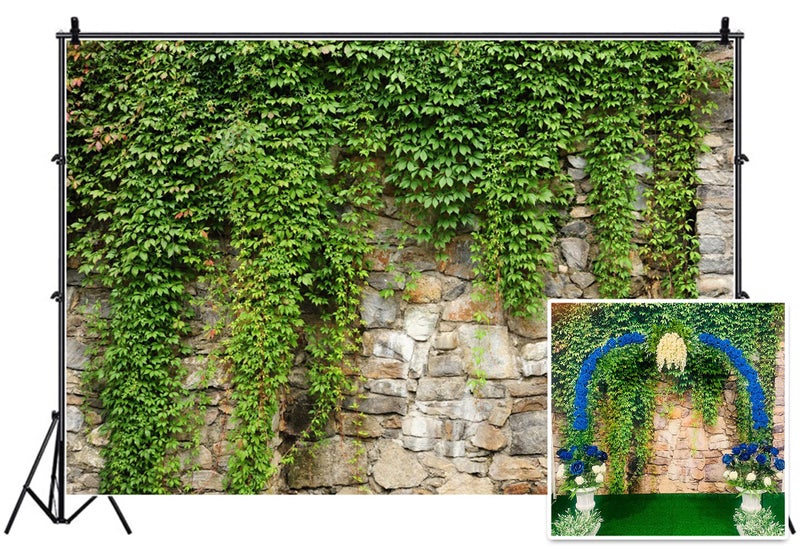 Leyiyi 9x6ft Spring Garden Leaves Backdrop Gardening Plants Grunge Stone Wall Greenery Banner Vane Branch Covered Vintage Architecture Photo Background Wedding Kids Birthday Photo Studio Vinyl Prop - Image 1